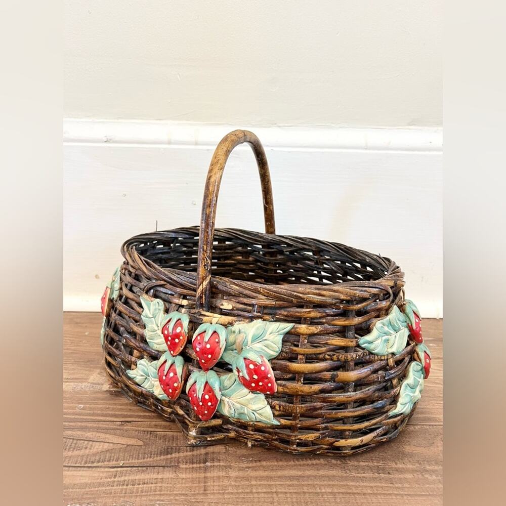 Vintage woven basket strawberry motif wooden cottagecore decor fairycore whimsy